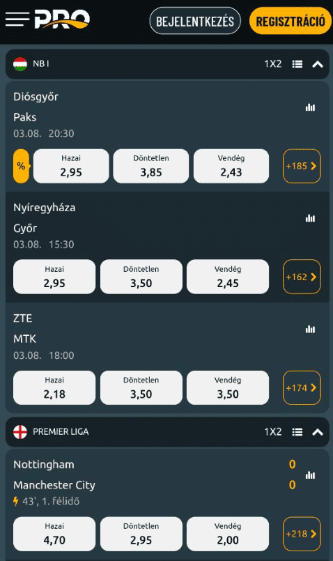 Fogadási lehetőségek, szorzók és sportágak